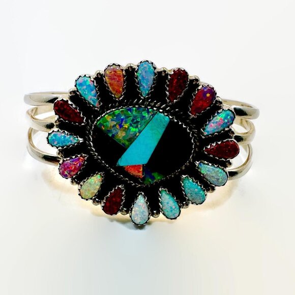 Opal Bracelet Vintage Sterling Silver Cuff Turquoise Onyx Inlay Southwestern - Picture 5 of 6
